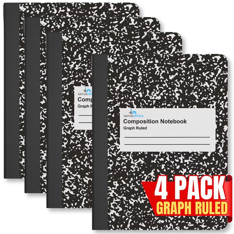 1InTheOffice Graph Paper Composition Notebook, Graph Ruled notebook, Quad Ruled Composition Notebook, 80 Sheets, 7.5" x 9.75", Black, 4 Pack - Image 1